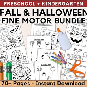 May include: A set of preschool and kindergarten activity sheets with a fall and Halloween theme. The bundle includes colouring pages, cutting practice, and counting exercises. The image also shows crayons, scissors, and dot markers. Text on the image reads "Fall & Halloween Fine Motor Bundle".