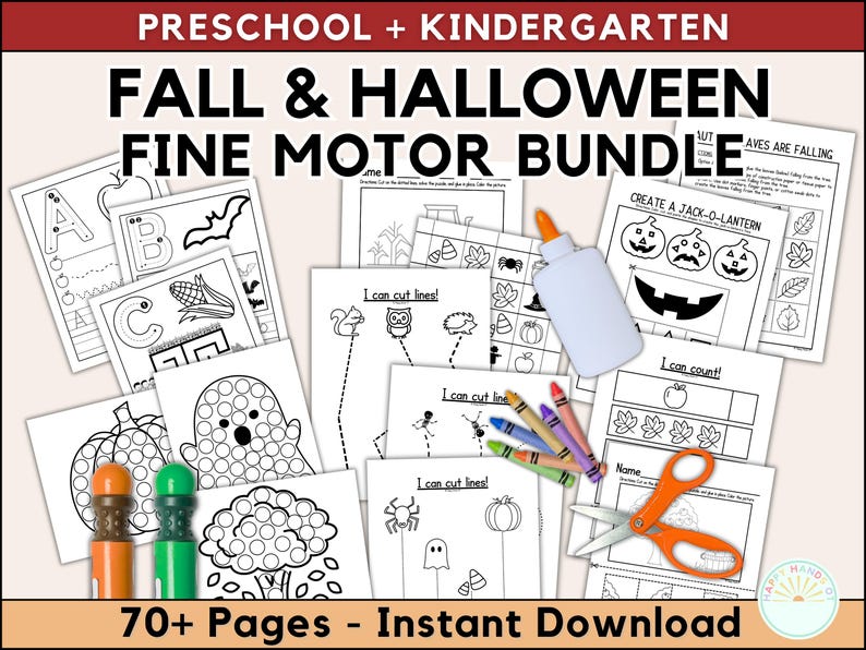 May include: A collection of preschool and kindergarten activity pages with a fall and Halloween theme. The bundle includes coloring pages, cutting practice, and counting exercises. The image also shows crayons, scissors, and dot markers. Text on the image reads "Fall & Halloween Fine Motor Bundle".