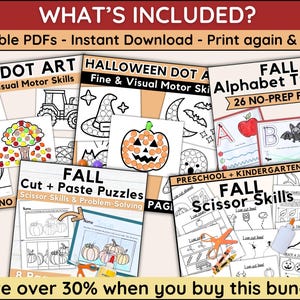 May include: A collection of printable fall-themed activity sheets for preschool and kindergarten. Includes dot art, alphabet tracing, cut and paste puzzles, and scissor skills pages. The bundle features pumpkins, leaves, and other autumn elements.