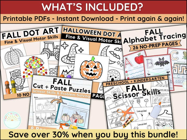 May include: A collection of printable fall-themed activity sheets for preschool and kindergarten. Includes dot art, alphabet tracing, cut and paste puzzles, and scissor skills pages. The bundle features pumpkins, leaves, and other autumn elements.