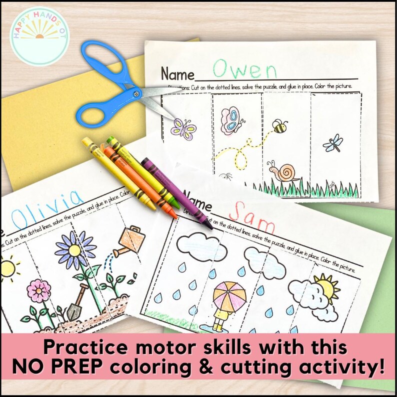 Puede incluir: Un juego de actividades infantiles con p&aacute;ginas para colorear que representan mariposas, flores y escenas meteorol&oacute;gicas. Incluye crayones, tijeras y el texto "Practice motor skills with this NO PREP coloring & cutting activity!"