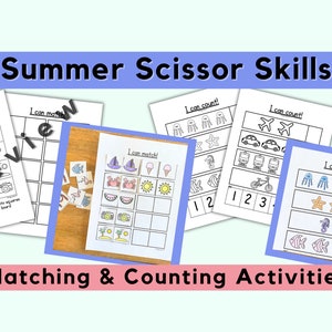 May include: Black and white printable worksheets for children to practise scissor skills. The worksheets feature summer themes such as watermelon, ice cream, and seashells. The worksheets include matching and counting activities.