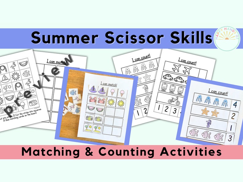 May include: Black and white printable worksheets for children to practise scissor skills. The worksheets feature summer themes such as watermelon, ice cream, and seashells. The worksheets include matching and counting activities.