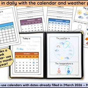 May include: A set of calendar and weather pages. The pages include calendar templates for different months, weather charts, and temperature indicators. The text "Check in daily with the calendar and weather pages" is at the top.