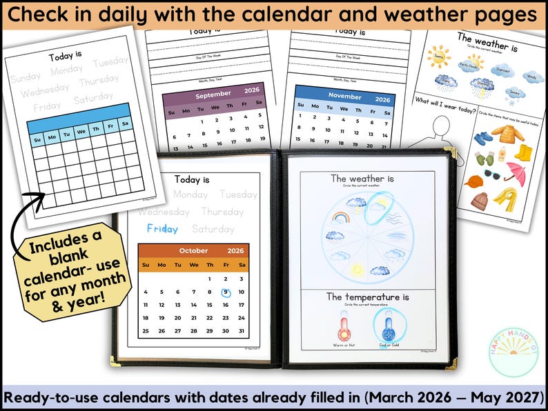 May include: A set of calendar and weather pages. The pages include calendar templates for different months, weather charts, and temperature indicators. The text "Check in daily with the calendar and weather pages" is at the top.