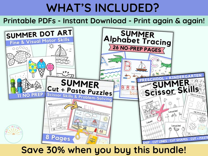 Puede incluir: Un conjunto de archivos PDF imprimibles con tem&aacute;tica de verano para ni&ntilde;os. Incluye actividades de unir puntos, trazar el alfabeto, cortar y pegar, y habilidades con tijeras. El texto dice "What's Included?" y "Save 30% when you buy this bundle!"