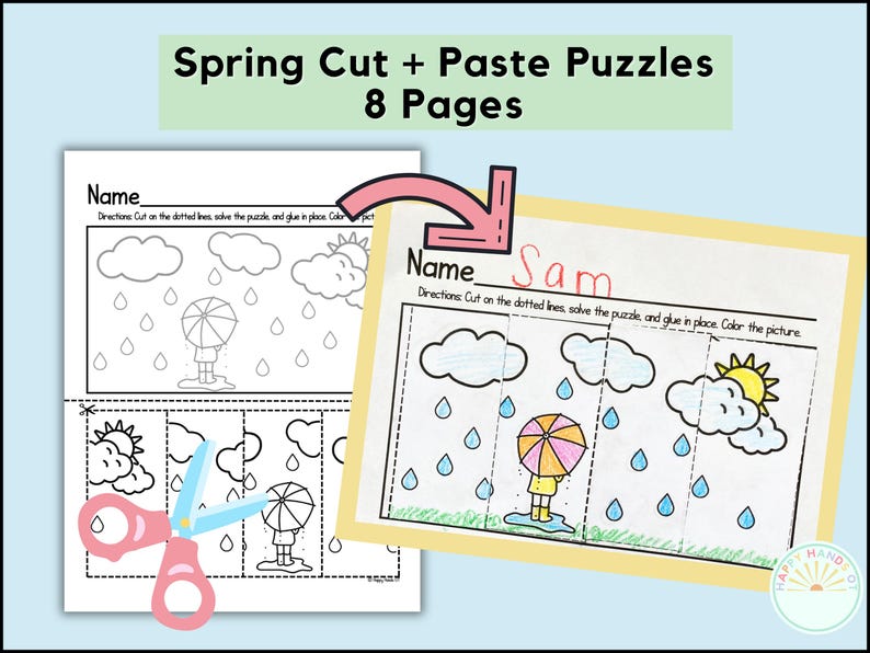 Puede incluir: Hojas de actividades Spring Cut + Paste Puzzles con el texto "8 Pages". Una hoja es un dibujo lineal en blanco y negro de una escena de d&iacute;a lluvioso con un paraguas. La otra hoja es una versi&oacute;n coloreada de la misma escena con el nombre "Sam".