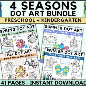 May include: A bundle of four seasonal dot art activity sheets for preschool and kindergarten. Each sheet features fine motor skills activities with images of spring, summer, fall, and winter. The bundle includes 41 pages and is an instant download.