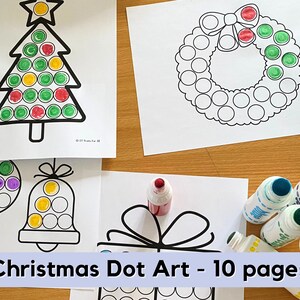 May include: A set of 10 printable Christmas dot art pages featuring a Christmas tree, wreath, ornament, bell, and gift. The pages are black and white with outlines of the images and circles for dotting.