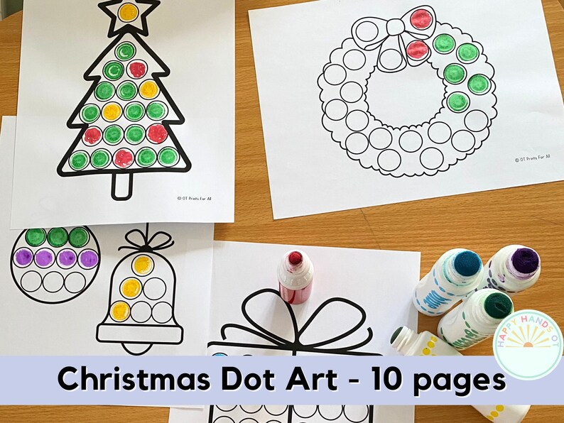 May include: A set of 10 printable Christmas dot art pages featuring a Christmas tree, wreath, ornament, bell, and gift. The pages are black and white with outlines of the images and circles for dotting.