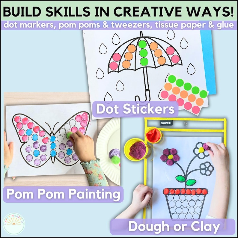 Puede incluir: Imagen que muestra actividades creativas para ni&ntilde;os. Presenta pegatinas de puntos, pintura con pompones y proyectos de plastilina. El texto "BUILD SKILLS IN CREATIVE WAYS!" est&aacute; en la parte superior, junto con una descripci&oacute;n de los materiales.