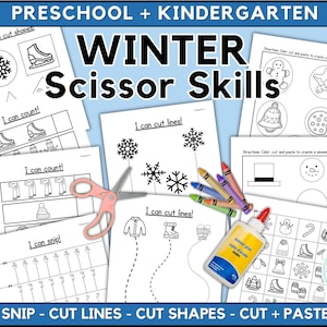 Op de afbeelding: Een set met printbare winterthema-schaarvaardigheid werkbladen voor kleuters en kleuterschool. De werkbladen bevatten verschillende winterthema-afbeeldingen zoals sneeuwvlokken, wanten, sjaals en schaatsen. De werkbladen bevatten activiteiten zoals het knippen van vormen, het knippen langs lijnen en het tellen.