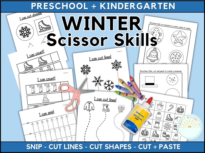 Op de afbeelding: Een set met printbare winterthema-schaarvaardigheid werkbladen voor kleuters en kleuterschool. De werkbladen bevatten verschillende winterthema-afbeeldingen zoals sneeuwvlokken, wanten, sjaals en schaatsen. De werkbladen bevatten activiteiten zoals het knippen van vormen, het knippen langs lijnen en het tellen.