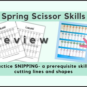 May include: A printable worksheet for practicing scissor skills with a spring theme. The worksheet features images of suns, clouds, flowers, and birds. The text "I can snip!" is at the top of the worksheet. The image also shows a completed example of the worksheet with the images cut out.