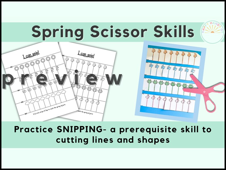 May include: A printable worksheet for practicing scissor skills with a spring theme. The worksheet features images of suns, clouds, flowers, and birds. The text "I can snip!" is at the top of the worksheet. The image also shows a completed example of the worksheet with the images cut out.