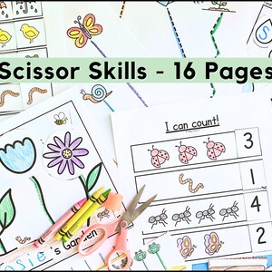 Puede incluir: Hojas de trabajo de habilidades con tijeras para ni&ntilde;os, con ilustraciones de flores, insectos y ejercicios de conteo. Incluye crayones y tijeras. El texto dice "Scissor Skills - 16 Pages".