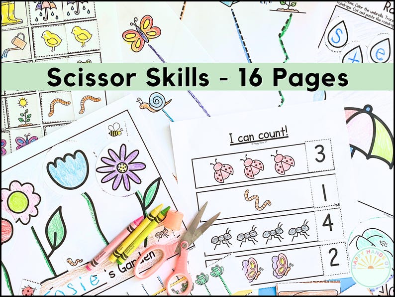 Puede incluir: Hojas de trabajo de habilidades con tijeras para ni&ntilde;os, con ilustraciones de flores, insectos y ejercicios de conteo. Incluye crayones y tijeras. El texto dice "Scissor Skills - 16 Pages".