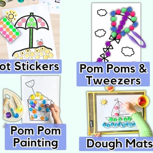 Puede incluir: Imagen que presenta cuatro juegos de actividades para ni&ntilde;os. Los juegos incluyen pegatinas de puntos, pompones y pinzas, pintura de pompones y tapetes de masa. Cada juego tiene una ilustraci&oacute;n y el nombre de la actividad en una pancarta azul.