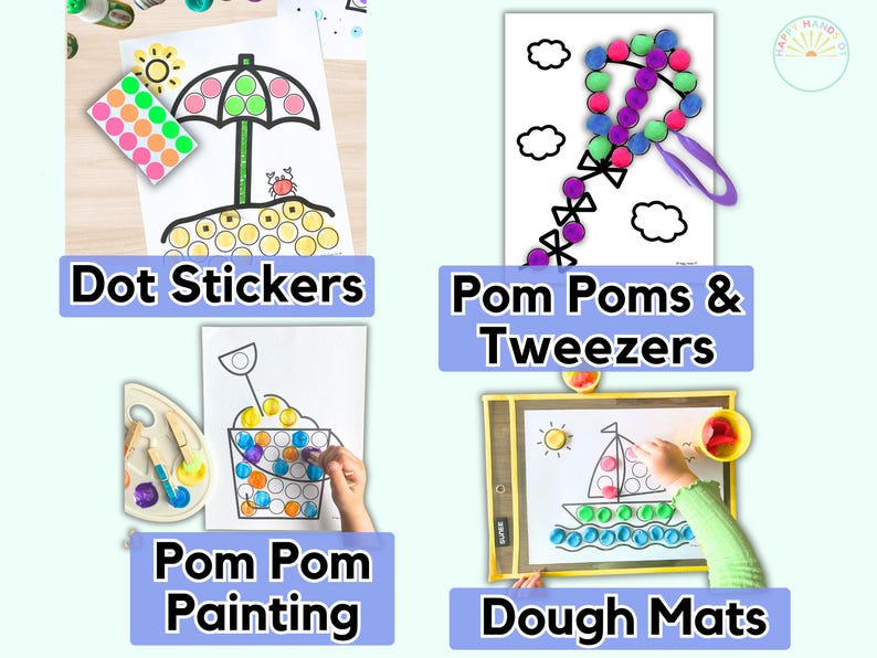 Puede incluir: Imagen que presenta cuatro juegos de actividades para ni&ntilde;os. Los juegos incluyen pegatinas de puntos, pompones y pinzas, pintura de pompones y tapetes de masa. Cada juego tiene una ilustraci&oacute;n y el nombre de la actividad en una pancarta azul.