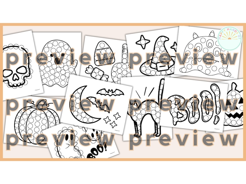 May include: Black and white printable Halloween dot-to-dot activity sheets featuring images of a ghost, a pumpkin, a skull, a witch's hat, a cat, a moon, a bat, a candy corn, and the word "BOO!"