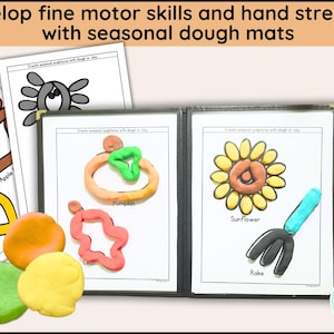 May include: Educational play set with seasonal dough mats. The set includes illustrated pages with designs like a pumpkin, sunflower, and rake. Playdough in orange, green, and yellow is included, promoting fine motor skills and hand strength.