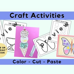 May include: A set of printable craft activities for children featuring a butterfly, ice cream cone, and a sundae. The printable sheets include outlines to colour, cut, and paste.