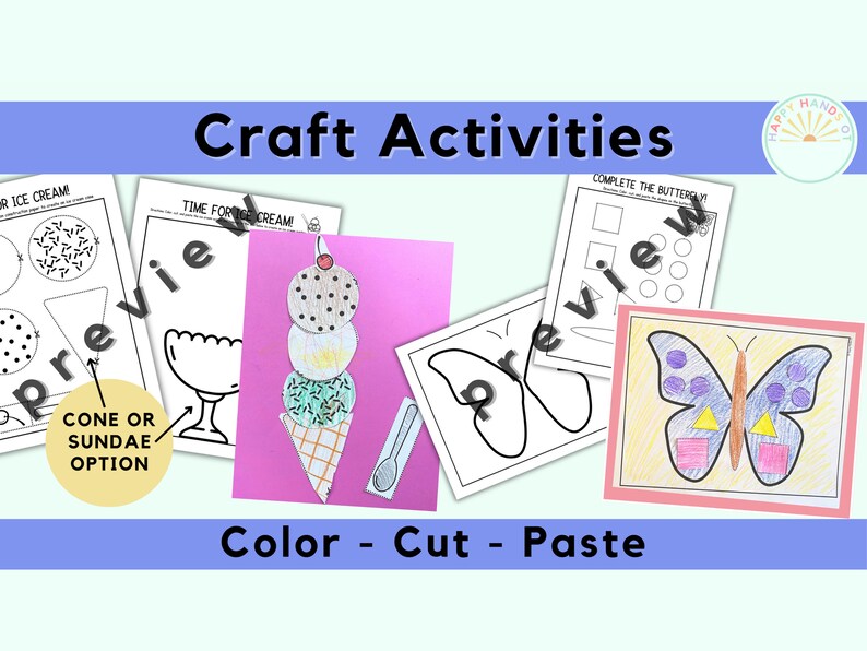 May include: A set of printable craft activities for children featuring a butterfly, ice cream cone, and a sundae. The printable sheets include outlines to colour, cut, and paste.