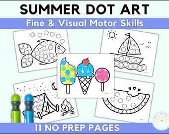 Hojas de trabajo imprimibles de arte de puntos de verano para niños en edad preescolar. Marcadores de puntos de verano. Páginas para colorear para niños en edad preescolar para las vacaciones de verano. Imprimibles para niños en edad preescolar.