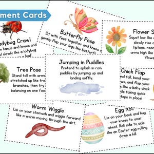 May include: A set of illustrated movement cards for children. Each card features a different exercise, such as the "Ladybug Crawl" and "Butterfly Pose," with accompanying text and watercolor illustrations of a ladybug, butterfly, and other images.