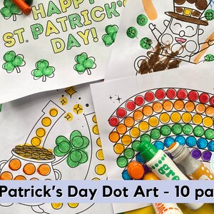May include: A set of 10 St. Patrick's Day themed dot art pages featuring a rainbow, pot of gold, shamrocks, and a leprechaun. The pages are designed for use with dot markers or paint.