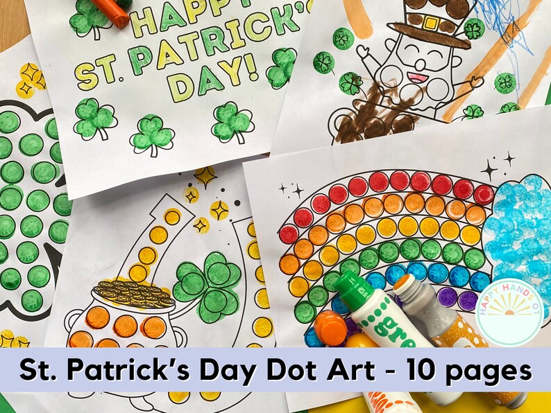 May include: A set of 10 St. Patrick's Day themed dot art pages featuring a rainbow, pot of gold, shamrocks, and a leprechaun. The pages are designed for use with dot markers or paint.