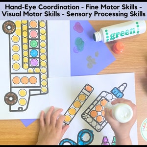 May include: A child's hand uses a white dot marker to color in a black and white printable activity sheet. The sheet features a bus, a bottle, and a ruler. The sheet is labeled "Hand-Eye Coordination - Fine Motor Skills - Visual Motor Skills - Sensory Processing Skills".