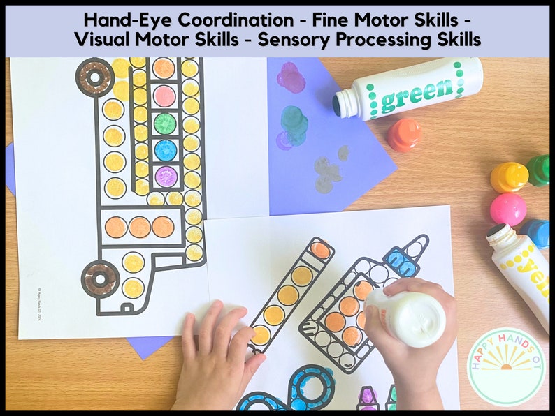 May include: A child's hand uses a white dot marker to color in a black and white printable activity sheet. The sheet features a bus, a bottle, and a ruler. The sheet is labeled "Hand-Eye Coordination - Fine Motor Skills - Visual Motor Skills - Sensory Processing Skills".
