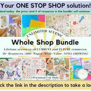 Pu&ograve; includere: Una grafica colorata che promuove un "Whole Shop Bundle" con accesso illimitato a oltre 50 risorse e 600 pagine di materiale educativo. La grafica presenta immagini di varie schede di lavoro e attivit&agrave; per bambini, tra cui contare, unire i punti e colorare. Il testo "UNLIMITED ACCESS!" &egrave; visualizzato in un design a raggiera giallo.