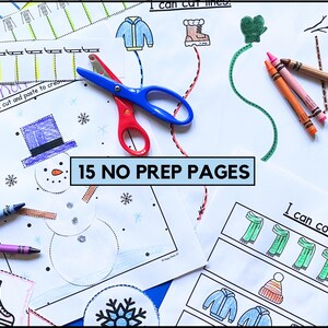 Op de afbeelding: Een set van 15 printbare winterthema-activiteitenpagina's voor kinderen. De pagina's bevatten activiteiten zoals knippen en plakken, tellen en lijnen traceren. De pagina's bevatten afbeeldingen van sneeuwpoppen, wanten, laarzen en sjaals. De tekst "15 NO PREP PAGES" is zichtbaar in het midden van de afbeelding.