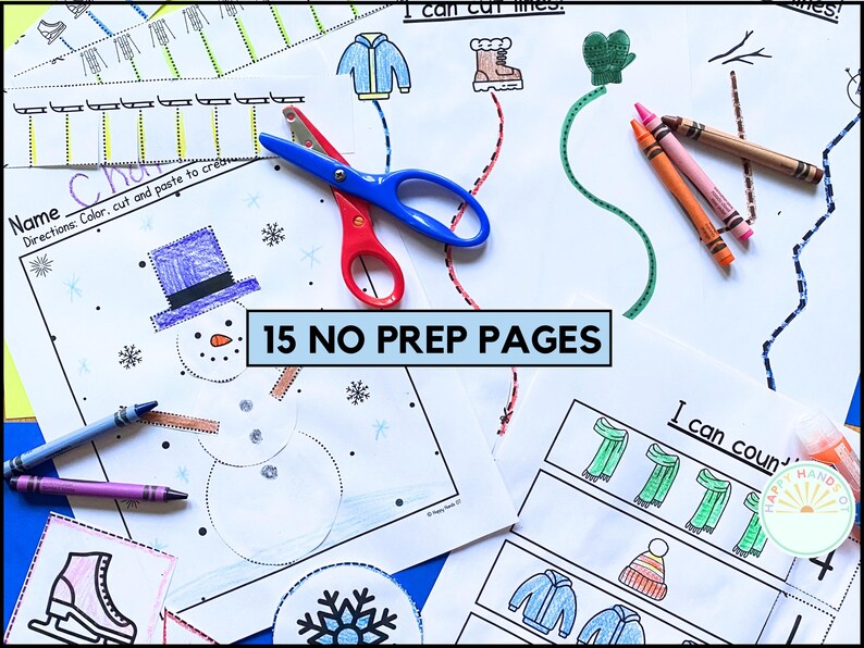 Op de afbeelding: Een set van 15 printbare winterthema-activiteitenpagina's voor kinderen. De pagina's bevatten activiteiten zoals knippen en plakken, tellen en lijnen traceren. De pagina's bevatten afbeeldingen van sneeuwpoppen, wanten, laarzen en sjaals. De tekst "15 NO PREP PAGES" is zichtbaar in het midden van de afbeelding.