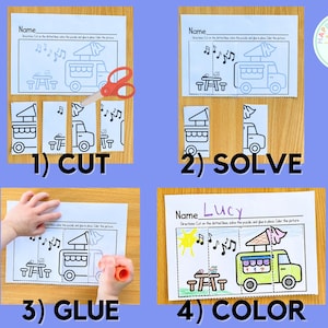 Puede incluir: Una hoja de actividades educativas de cuatro pasos para ni&ntilde;os. Los pasos est&aacute;n etiquetados: 1) CUT, 2) SOLVE, 3) GLUE y 4) COLOR. La imagen final muestra un dibujo terminado de un cami&oacute;n de helados con una mesa y notas musicales.