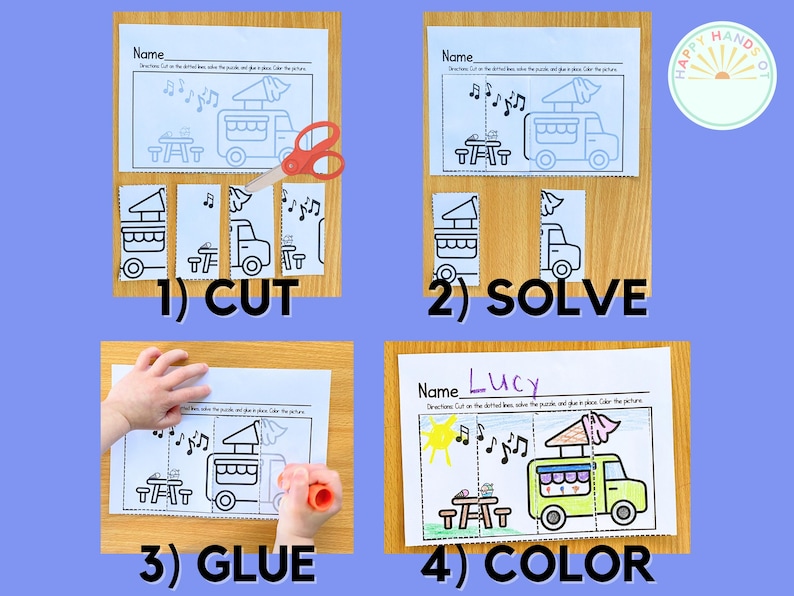 Puede incluir: Una hoja de actividades educativas de cuatro pasos para ni&ntilde;os. Los pasos est&aacute;n etiquetados: 1) CUT, 2) SOLVE, 3) GLUE y 4) COLOR. La imagen final muestra un dibujo terminado de un cami&oacute;n de helados con una mesa y notas musicales.