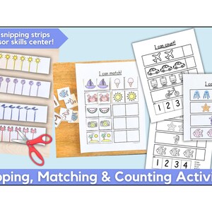 Puede incluir: Hojas de actividades educativas para ni&ntilde;os. La imagen muestra p&aacute;ginas impresas con ilustraciones de varios objetos, incluidos barcos, coches y peces. El texto dice "&iexcl;Puedo contar!" y "&iexcl;Puedo emparejar!" Tambi&eacute;n se incluyen tiras de corte y unas tijeras rojas.