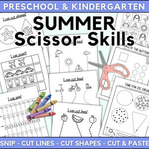 Summer Scissor Skill Preschool Worksheets For Kids Cut And Paste Pre K Worksheets Summer Break Cutting Printable for Kindergarten and PreK image 1