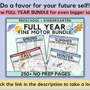 Puede incluir: Un paquete de cuadernos de trabajo de motricidad fina para preescolar y jard&iacute;n de infancia. La imagen incluye el texto "&iexcl;Hazte un favor! Obt&eacute;n el FULL YEAR BUNDLE para ahorrar a&uacute;n m&aacute;s." El paquete incluye cuadernos de trabajo con temas de primavera, verano, oto&ntilde;o e invierno.