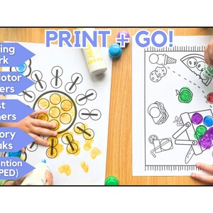 May include: Two children are using dot markers to color in a printable activity sheet. The sheet on the left has a sun with circles around it. The sheet on the right has a picnic basket with food and drinks. The text "PRINT + GO!" is at the top of the image.