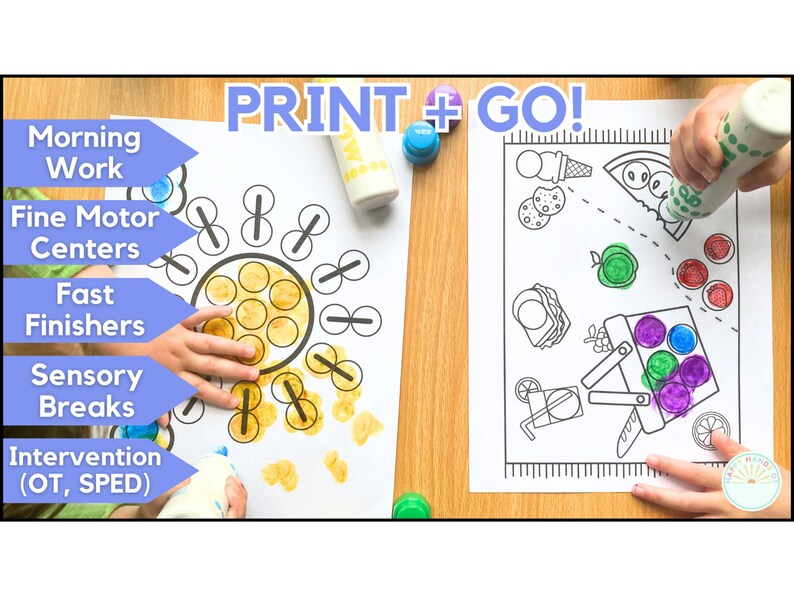 May include: Two children are using dot markers to color in a printable activity sheet. The sheet on the left has a sun with circles around it. The sheet on the right has a picnic basket with food and drinks. The text "PRINT + GO!" is at the top of the image.