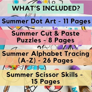 Puede incluir: Un conjunto de actividades educativas de verano colorido. La imagen muestra una lista de actividades incluidas: Summer Dot Art (11 p&aacute;ginas), Summer Cut & Paste Puzzles (8 p&aacute;ginas), Summer Alphabet Tracing (A-Z) (26 p&aacute;ginas) y Summer Scissor Skills (15 p&aacute;ginas).