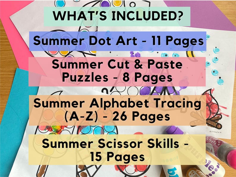 Puede incluir: Un conjunto de actividades educativas de verano colorido. La imagen muestra una lista de actividades incluidas: Summer Dot Art (11 p&aacute;ginas), Summer Cut & Paste Puzzles (8 p&aacute;ginas), Summer Alphabet Tracing (A-Z) (26 p&aacute;ginas) y Summer Scissor Skills (15 p&aacute;ginas).