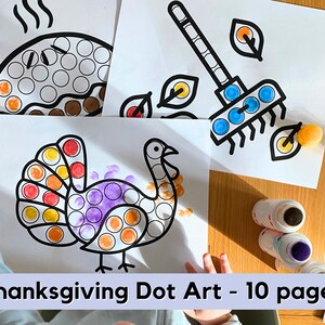 May include: A set of 10 Thanksgiving-themed dot art pages featuring a turkey, a pie, a rake, and leaves. The pages are printed in black and white and are ready to be colored with dot markers.