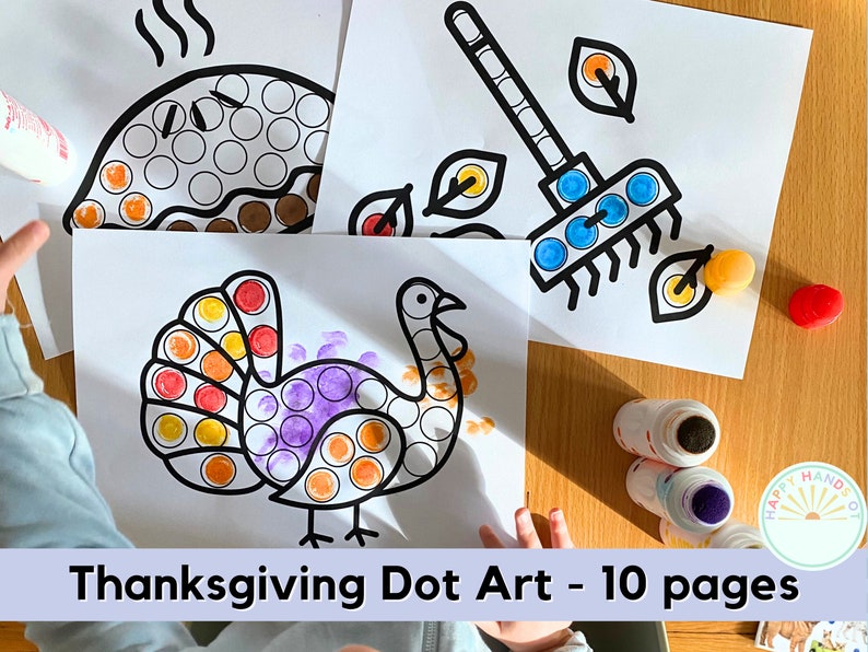 May include: A set of 10 Thanksgiving-themed dot art pages featuring a turkey, a pie, a rake, and leaves. The pages are printed in black and white and are ready to be colored with dot markers.