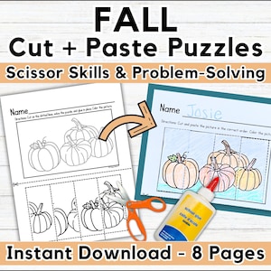 May include: Black and white printable cut and paste puzzle featuring a group of pumpkins. The puzzle is designed for scissor skills and problem-solving. The text "Name" and "Josie" are written on the page. The text "Instant Download - 8 Pages" is at the bottom of the image.