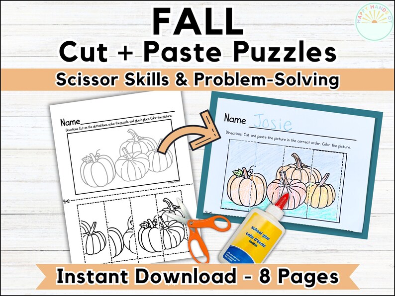 May include: Black and white printable cut and paste puzzle featuring a group of pumpkins. The puzzle is designed for scissor skills and problem-solving. The text "Name" and "Josie" are written on the page. The text "Instant Download - 8 Pages" is at the bottom of the image.