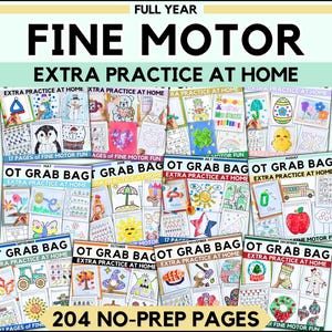 May include: A collection of colorful activity pages for fine motor skills practice. The pages are labeled with months and feature various illustrations, including a penguin, a snowman, and an apple. Text includes "FINE MOTOR" and "EXTRA PRACTICE AT HOME". The image also states "204 NO-PREP PAGES".